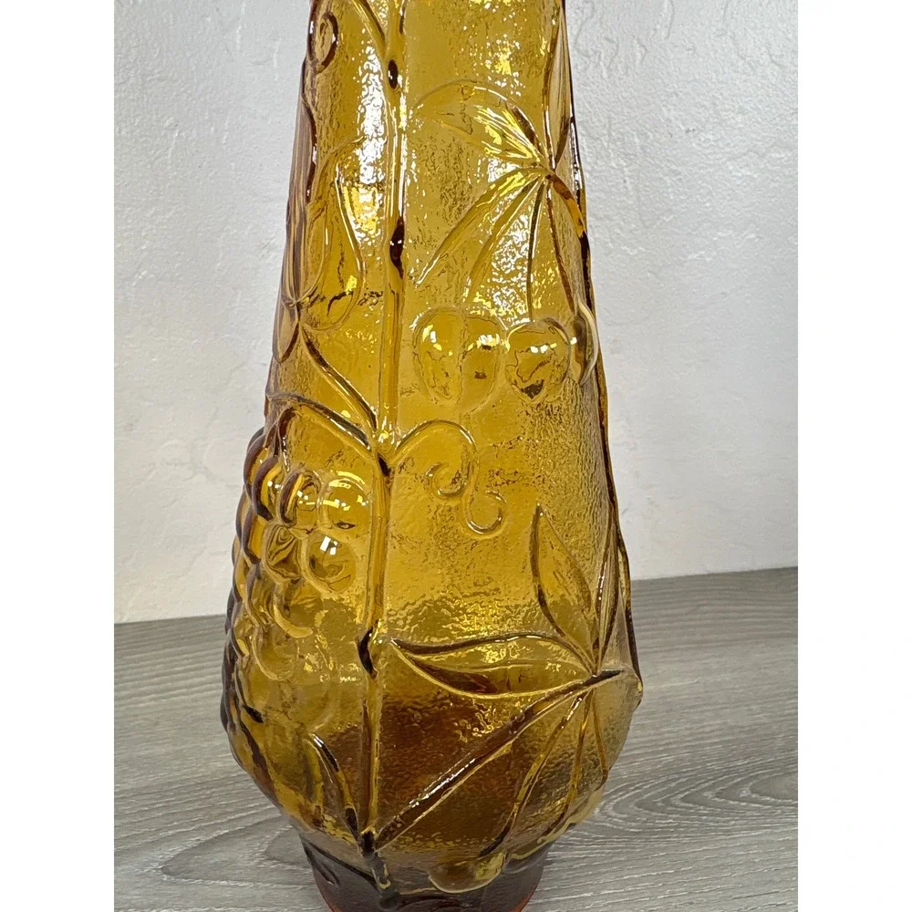 Vintage Empoli Amber Glass Genie Bottle Decanter Floral Embossed Grapes MCM 15.5